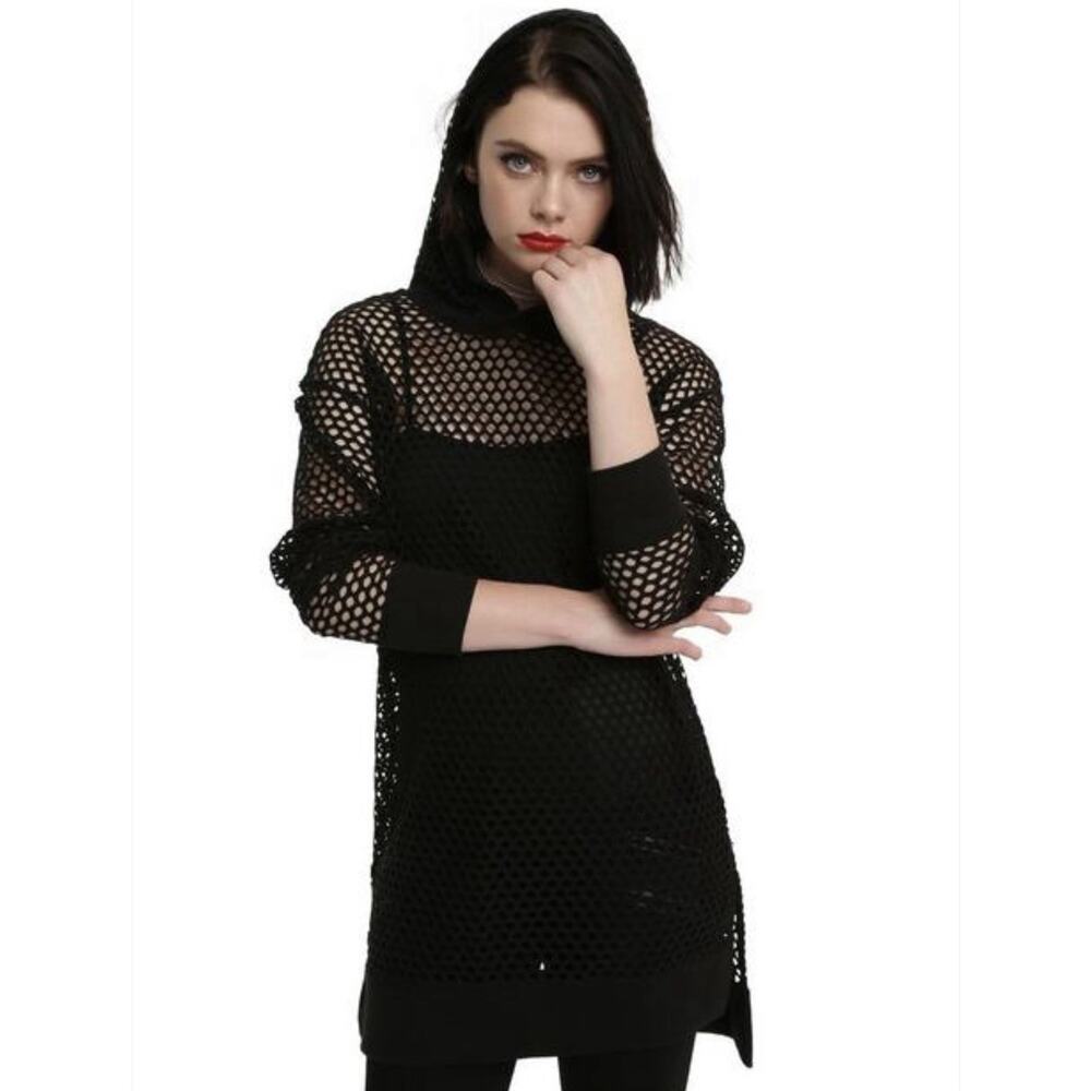 Hot Topic XS Black Fishnet‎ Tunic Hoodie Sheer Long Grunge Punk Whimsigoth Goth